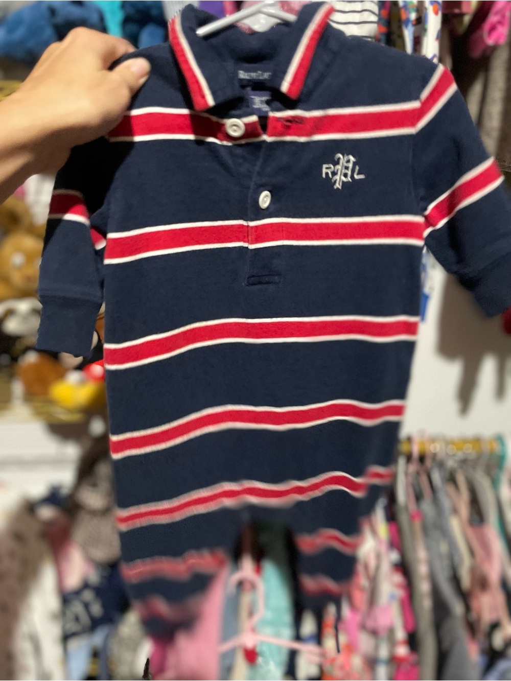 Ralph Lauren Navy, Red & White Striped Polo One-Piece 6-12